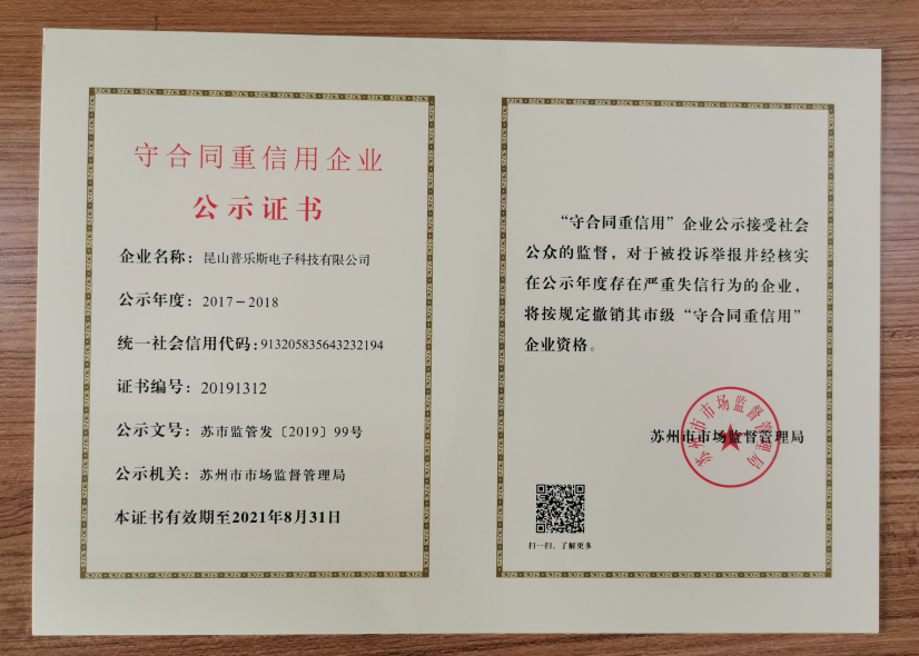 球速荣获市级守合同重信用公式证书
